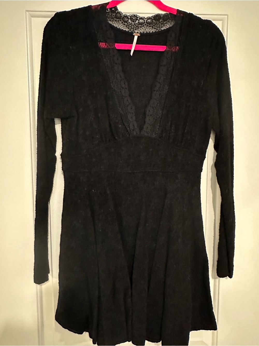Free People Black Lace-Trim Long Sleeve Chemise Dress